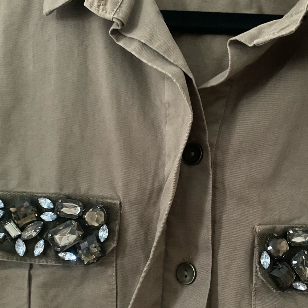 Zara Trafaluc Jeweled Utility Shacket Olive Green Military Jacket Large - Picture 5 of 10